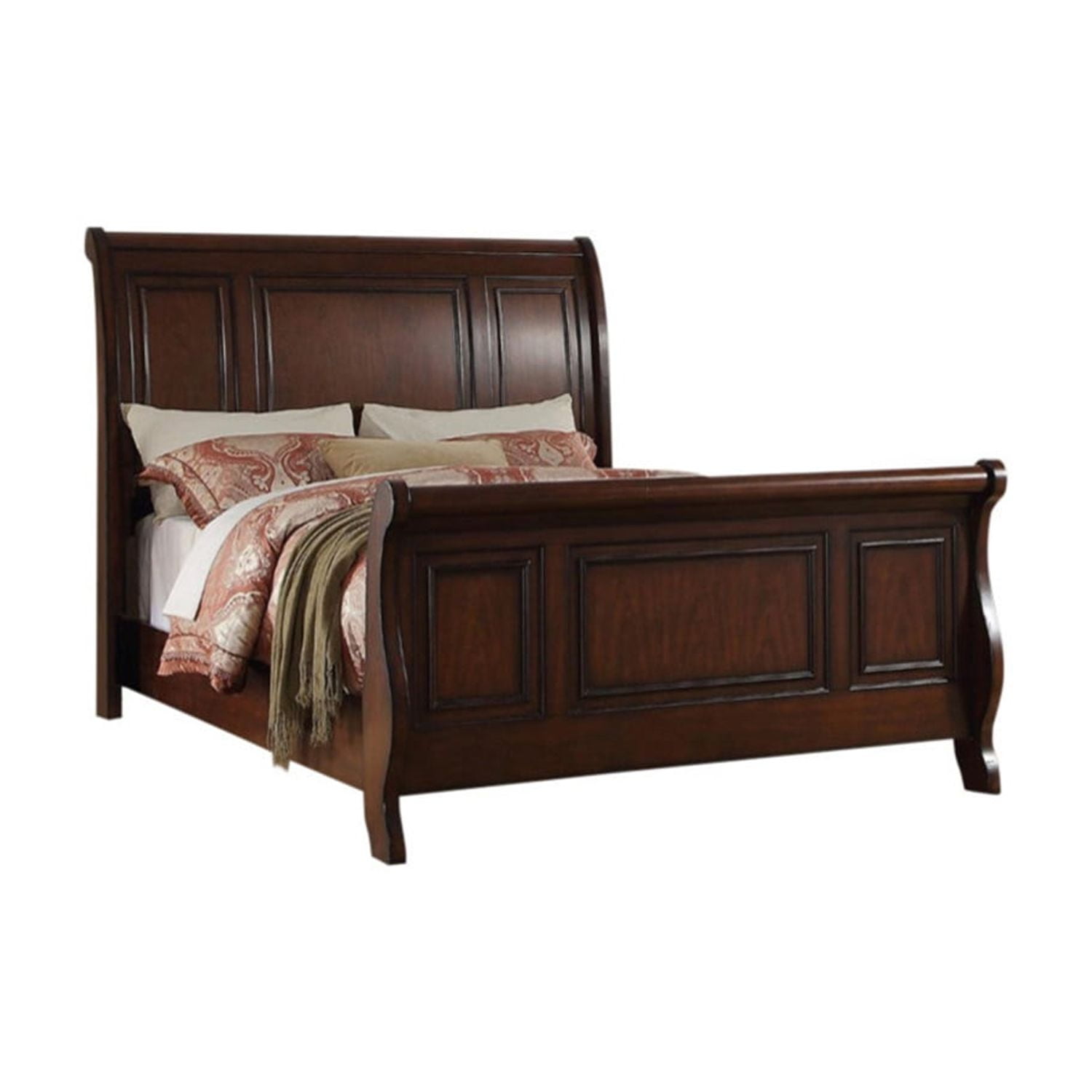 Classic Sleigh Queen Bed Frame in Dark Pine with Upholstered Headboard