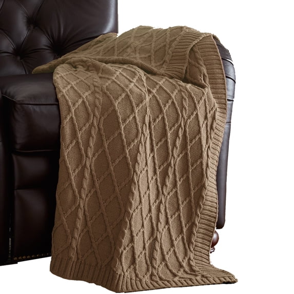 Benzara Creuse Cable Knitted Cotton Throw with Diamond Pattern The Urban Port, Brown