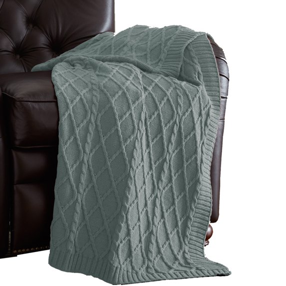 Benzara Creuse Cable Knitted Cotton Throw with Diamond Pattern The Urban Port, Olive Green