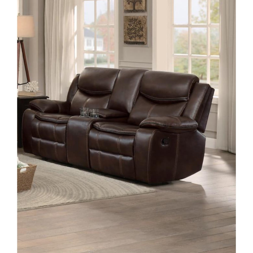 Benzara Double Glider Recliner Love Seat With Console In Leather Dark Brown