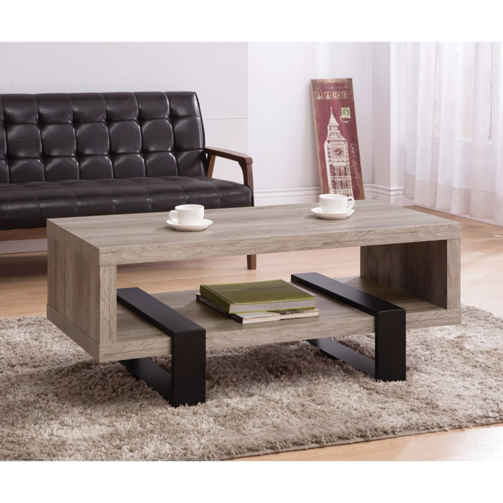 Contemporary Driftwood Open Shelf Coffee Table in Gray and Brown