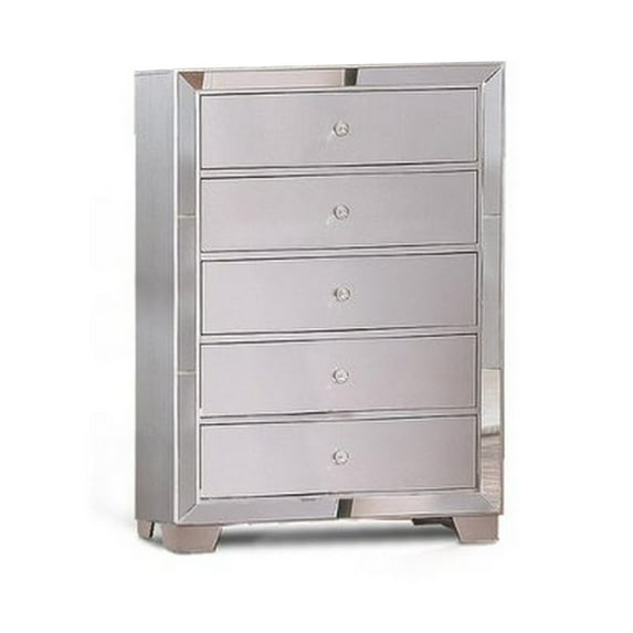 Eli 46 Inch Deluxe Wood 5 Drawer Tall Dresser Chest, Mirrored Trim, Silver- Saltoro Sherpi
