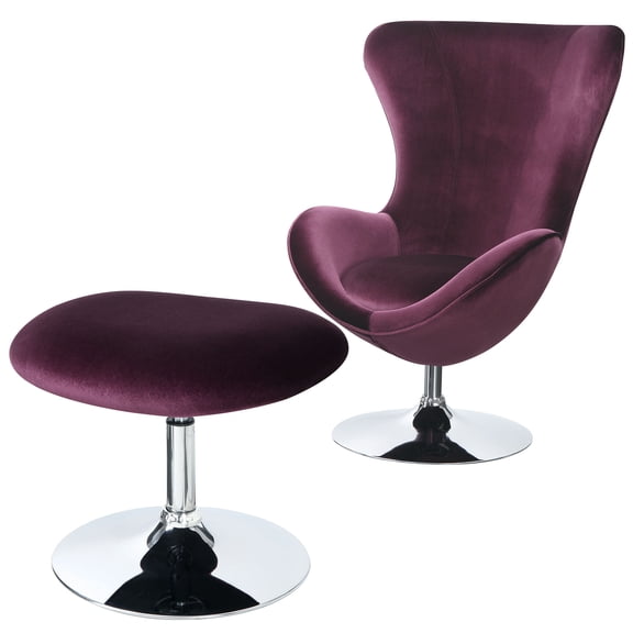 Fabric Curved Design Chair with Ottoman and Tubular Base Set of 2 Purple