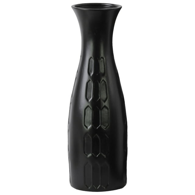 Benzara Embossed Hexagonal Patterned Ceramic Vase with Trumpet Lips-Color:Black