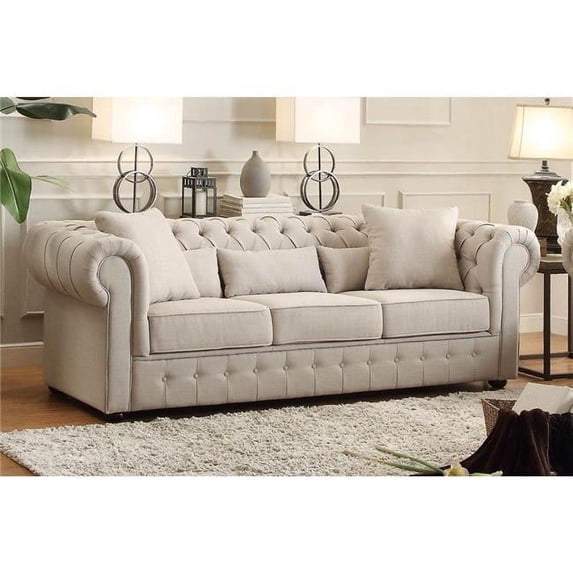 Benzara Fabric Upholstered Button Tufted Sofa With 5 Pillows, Beige