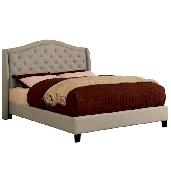 Benjara Fabric Upholstered Eastern King Bed with Camelback Headboard, Beige