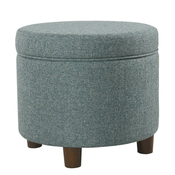 Benzara Fabric Upholstered Round Wooden Ottoman with Lift Off Lid Storage, Teal Blue-Color:Teal Blue