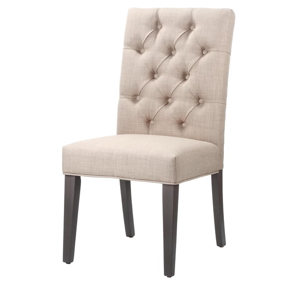 Fabric Upholstered Wooden Chair with Button Tufting, Beige and Black