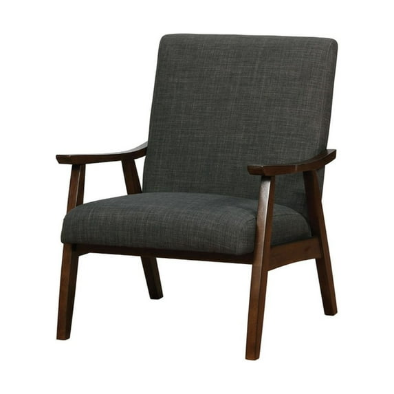 Benzara Fabric Upholstery Accent Chair with Wooden Curved Arms and Slanted Feet, Dark Gray and Brown