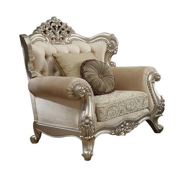 Benzara Fabric Upholstery Rolled Arm Chair With Two Pillows, Champagne-Color:Gold