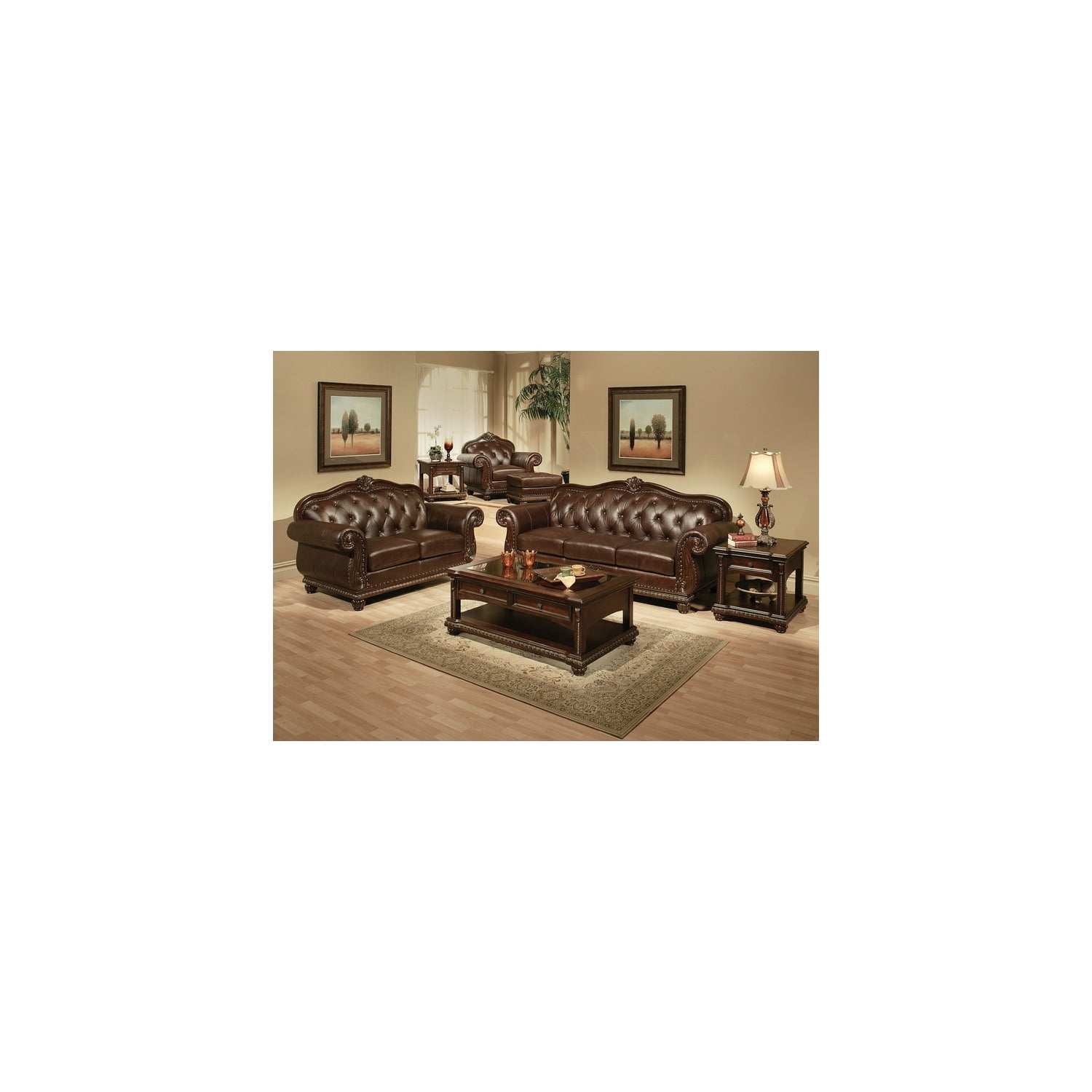 Espresso Brown Faux Leather Tufted Ottoman with Nail Head Trim