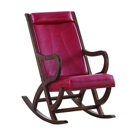 Benzara Faux Leather Upholstered Wooden Rocking Chair with Looped Arms, Brown-Color:Brown and Red
