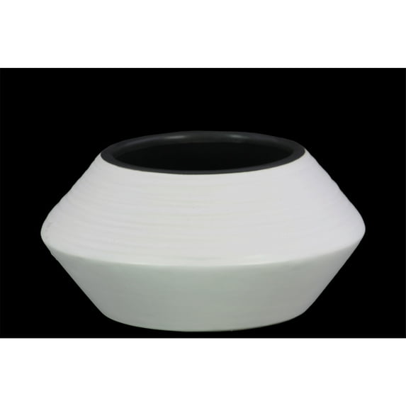 Flared Bellied Round Vase With Combed Design In Ceramic, Small, White