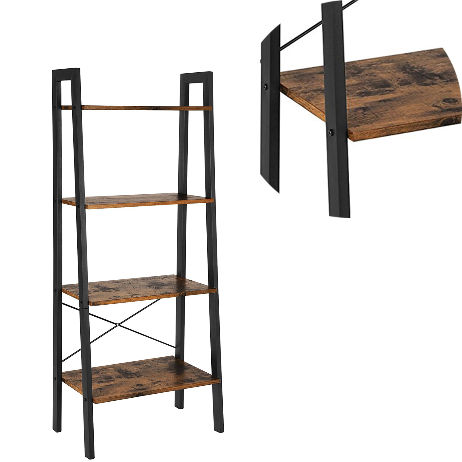 Benzara Four Tiered Rustic Wooden Ladder Shelf, Iron Framework, Brown ...