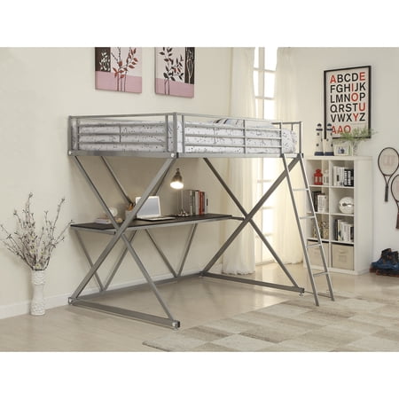Benzara Full Size Metal Workstation Loft Bunk Bed, Silver