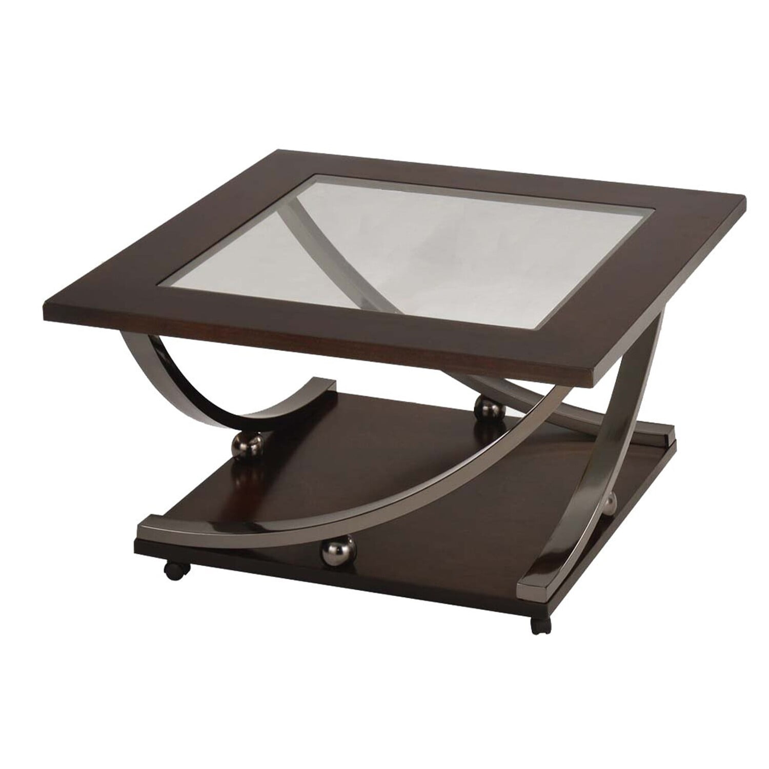 Isiah 36'' Square Black Wood and Clear Glass Coffee Table with Shelf