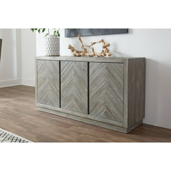 Benzara Herringbone Pattern Wooden Sideboard with Three Door Cabinets, Rustic Latte Gray