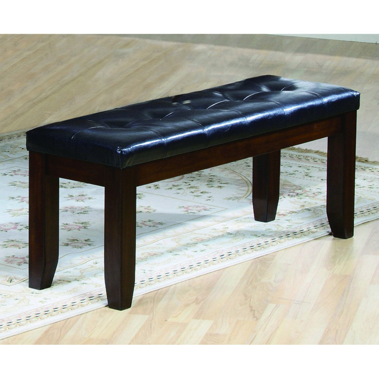 Black Faux Leather Tufted Bench with Dark Cherry Wood