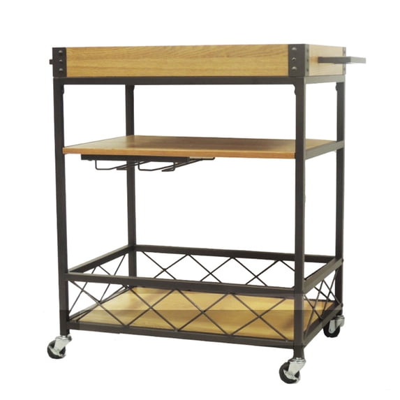 Benzara Kitchen Mobile Serving Bar Cart with Shelves And Wine Glass Holder-Color:Black/Brown