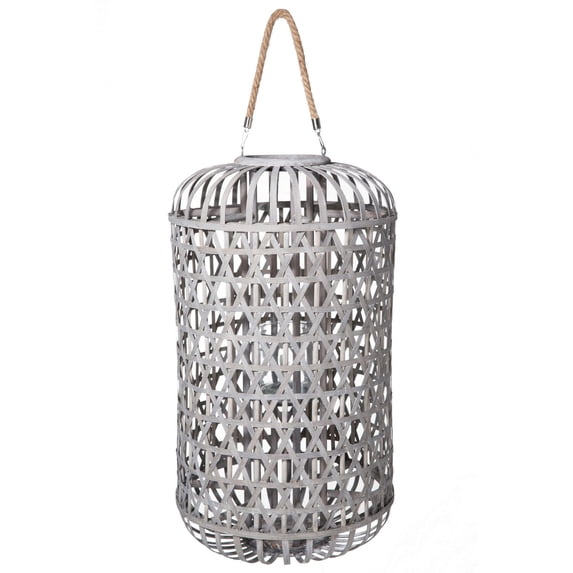 Benzara Lantern with Removable Rope Hanger and Weaved Design, Gray