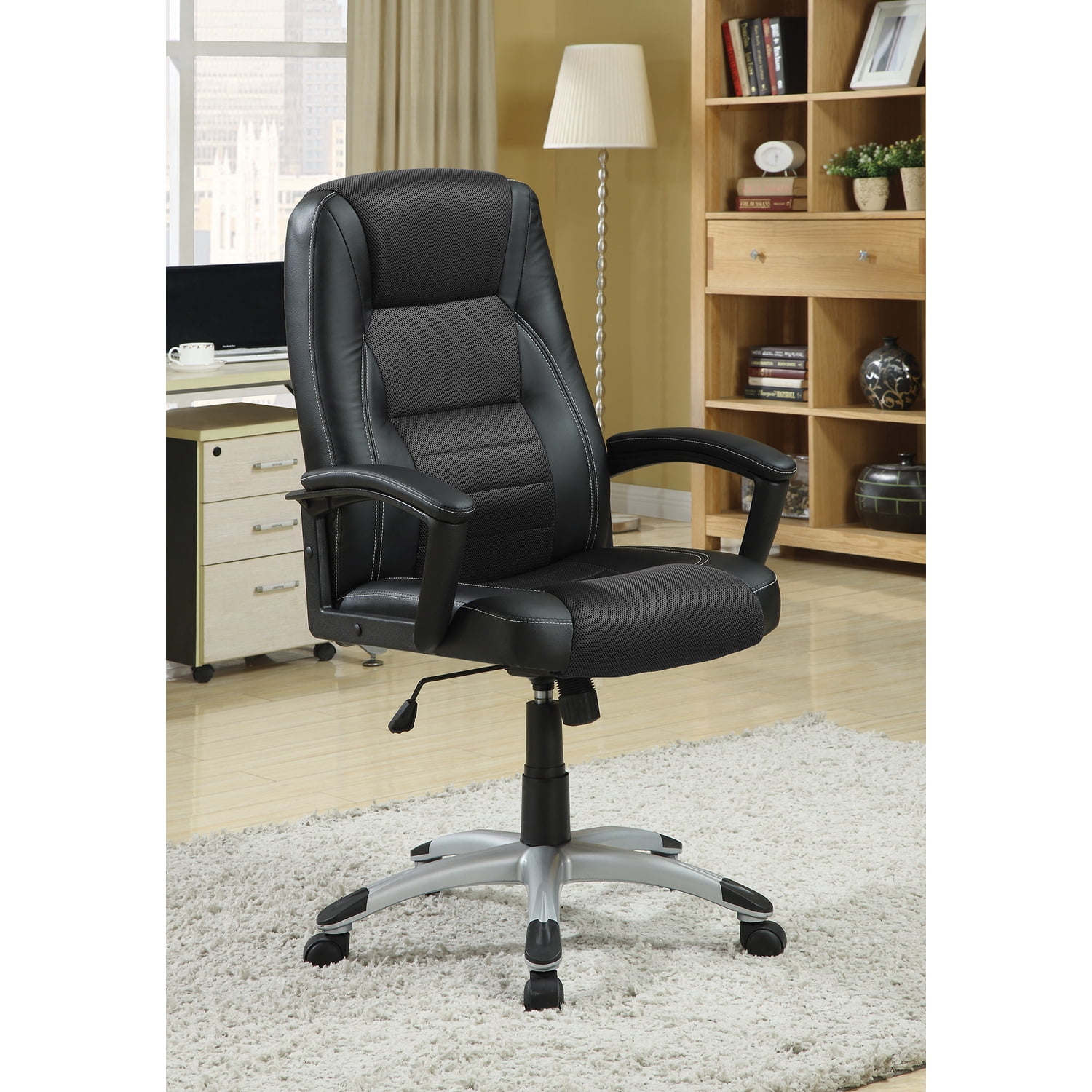 Modern High-Back Black Leather Swivel Executive Chair with Metal Accents