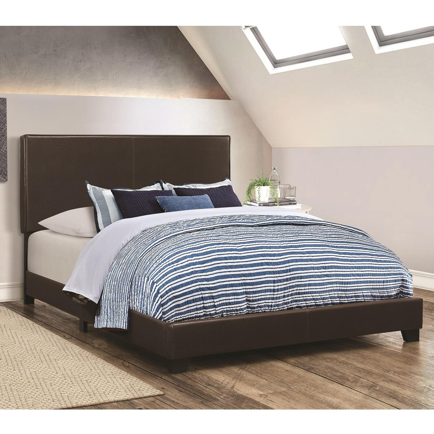 Brown Leather Upholstered California King Platform Bed with Headboard