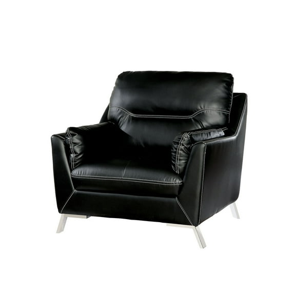 Benzara Leather Upholstered Chair With Metal Flared legs, Black And Silver-Color:Black and Silver