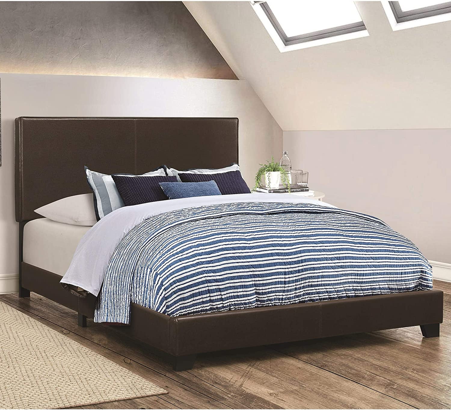 Elegant Full/Double Brown Leather Upholstered Platform Bed with Headboard