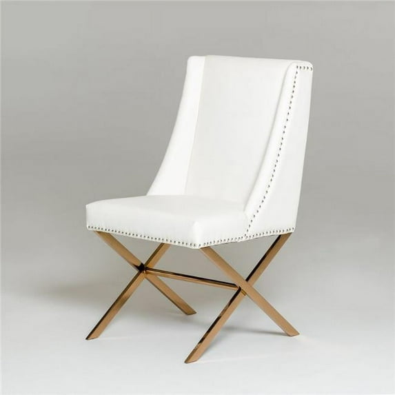 Benzara Leatherette Wingback Design Dining Chair with Trestle Steel Base, White and Gold