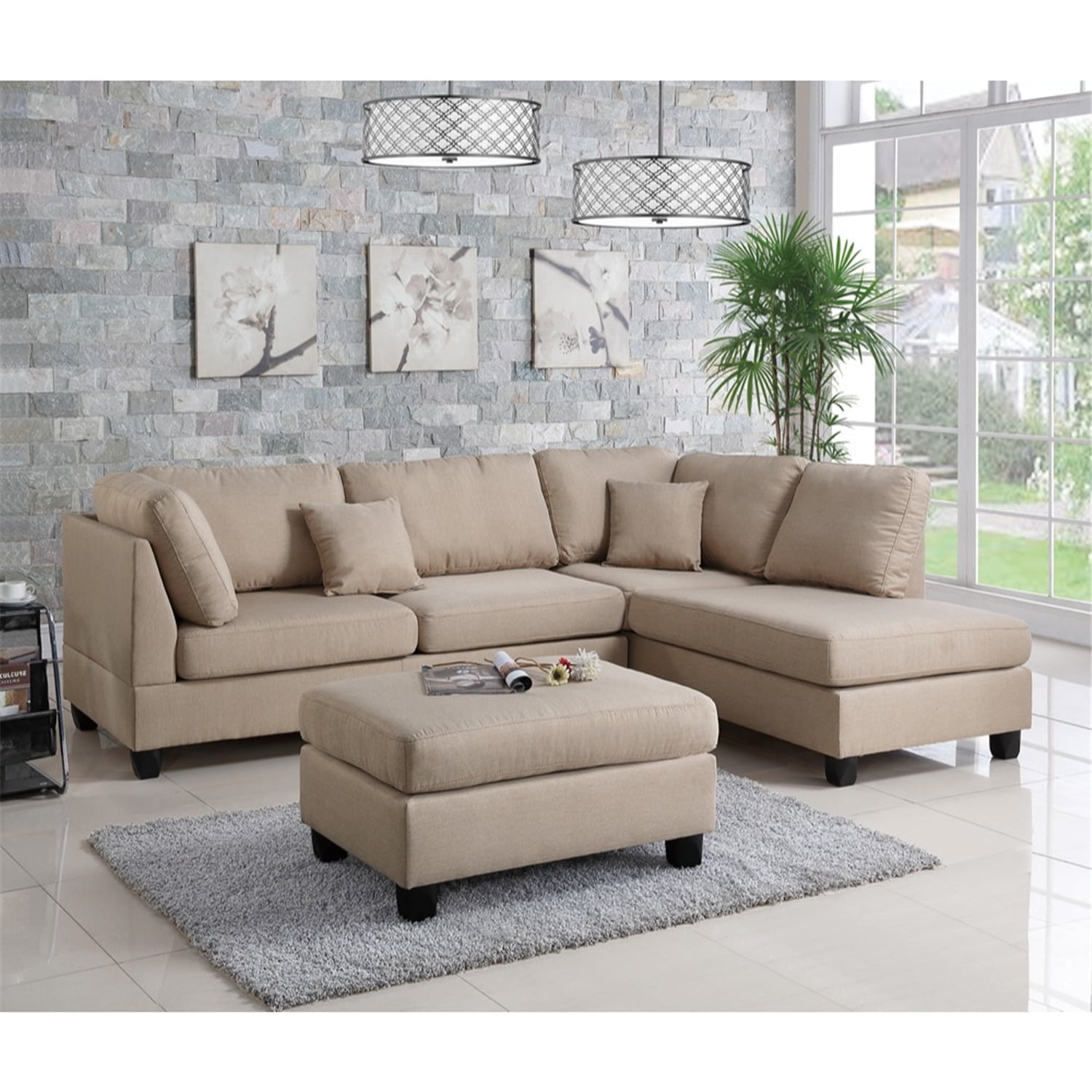 Beige Linen 3-Piece Sectional Sofa with Ottoman