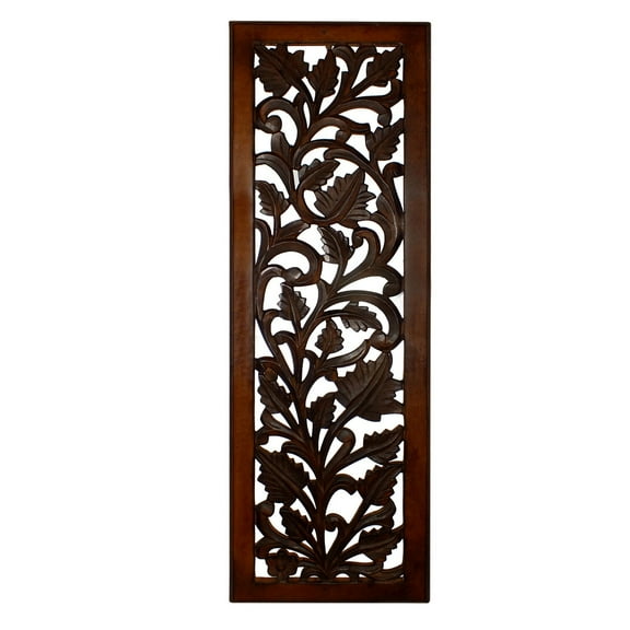 Benzara Mango Wood Wall Panel Hand Crafted with Leaves and Scroll Work Motif, Brown