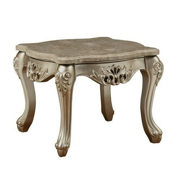 Benzara Marble Top Wooden End Table with Queen Anne Style Legs, Champagne Gold