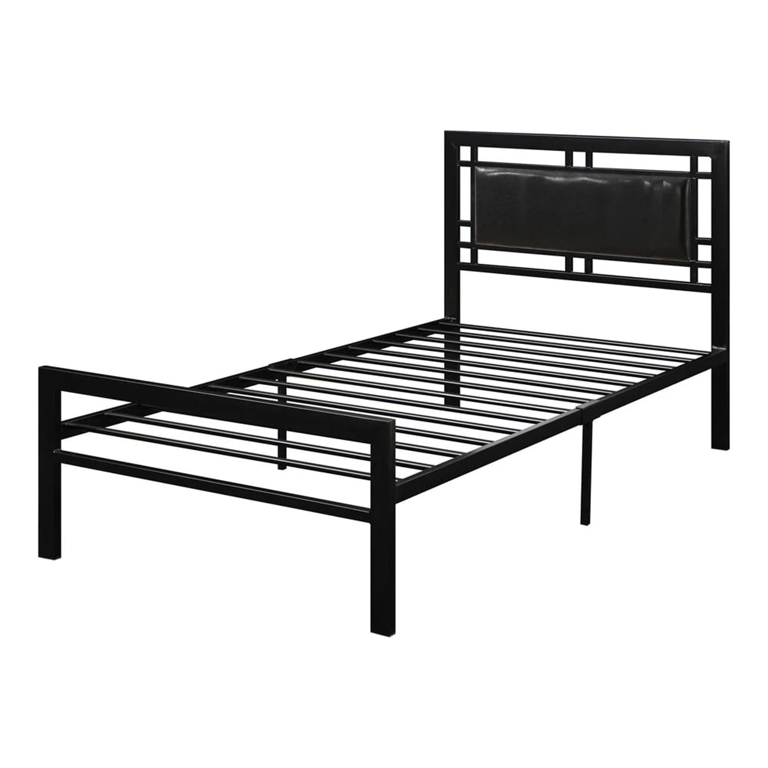 Benzara Metal Frame Twin Bed With Leather Upholstered Headboard Black