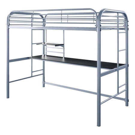Benjara Metal Frame Twin Size Loft Bed with 2 Attached Ladders- Silver