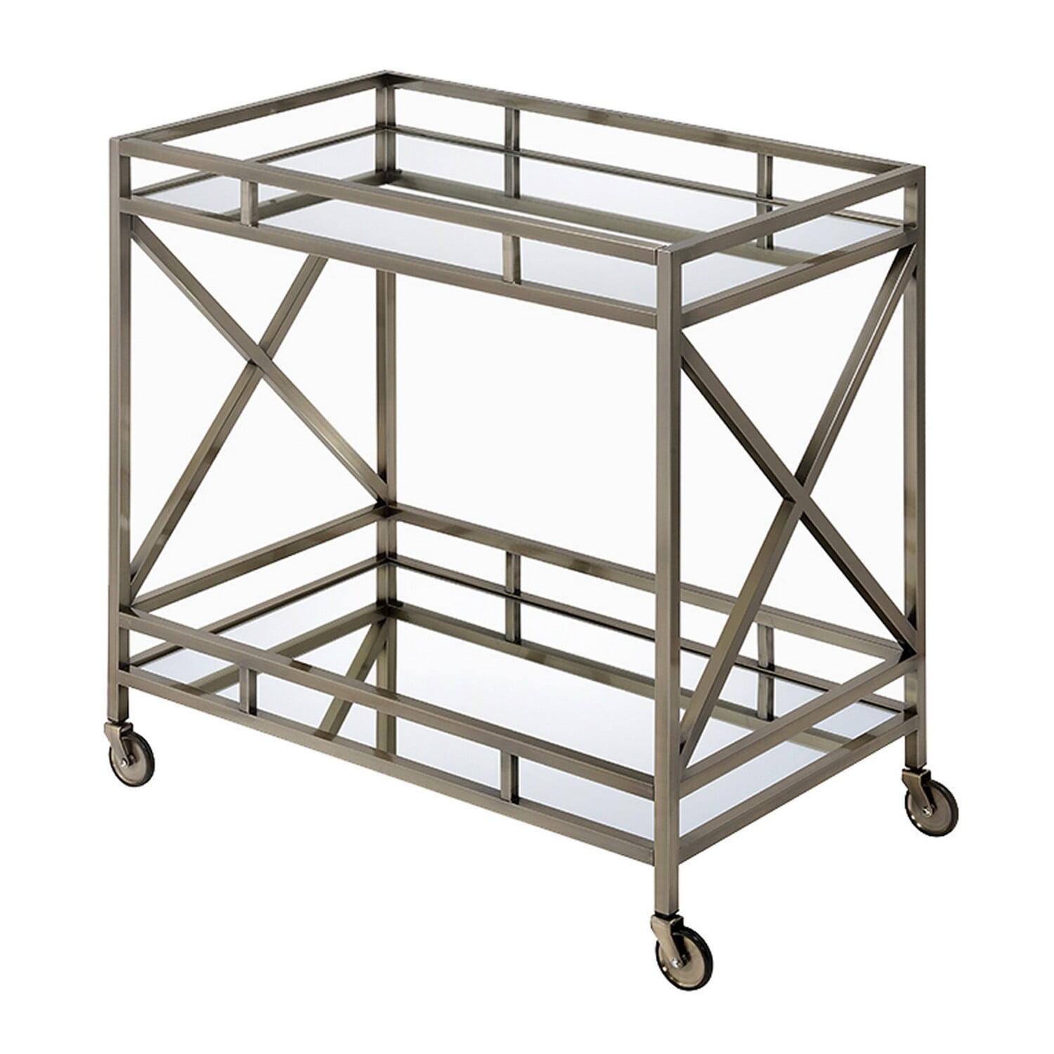 Elegant Silver Metal and Glass Rectangular Serving Cart with Wine Storage