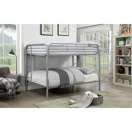 Benzara Metal Full Over Full Bunk Bed with Attached Side Rails And Side Ladders, Silver-Color:Silver