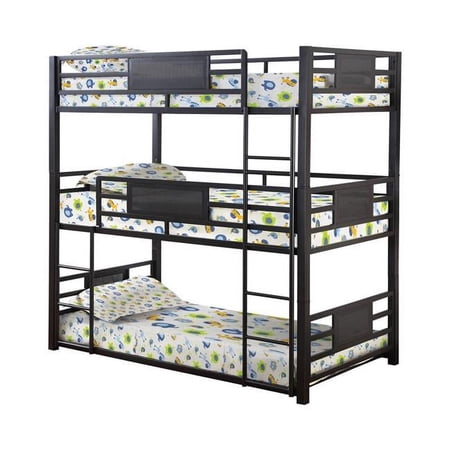 Benzara Metal Triple Full Size Bunk Bed with Built-In Ladder in Black