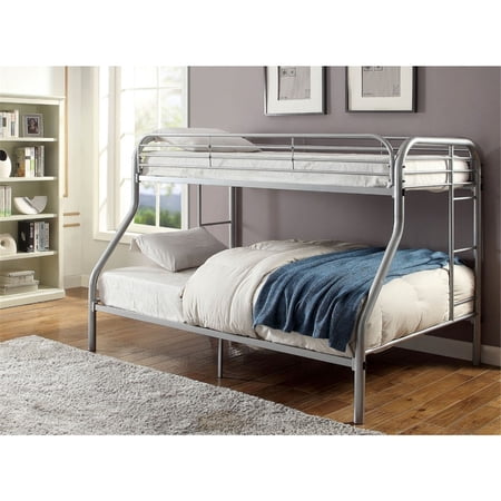 Benzara Metal Twin Over Full Bunk Bed with Attached Side Rails And Side Ladders, Silver-Color:Silver