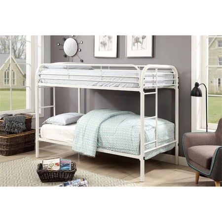 Benzara Metal Twin Over Twin Bunk Bed with Attached Side Rails And Side Ladders, White-Color:White