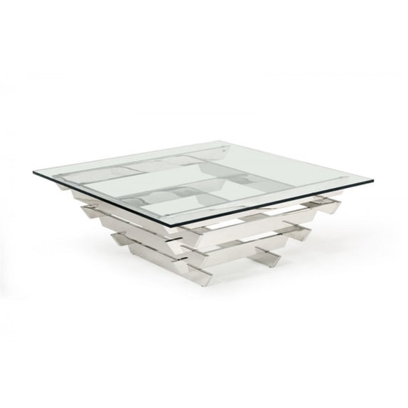 Benzara Metal and Glass Coffee Table with Inverted Pyramid Base Design, Clear and Silver