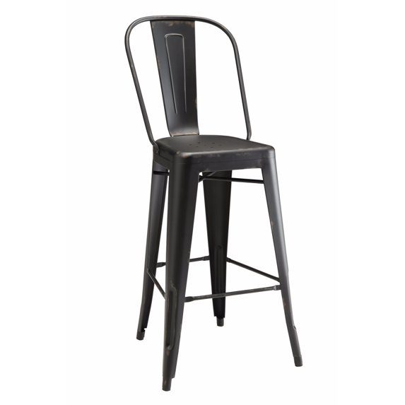 Benzara Metallic Chic Industrial Bar Height Stool with Backrest - Set of 2-Color:Black
