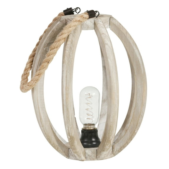 Benzara Oval Caged Wooden LED Lantern with Jute Rope, Small, Brown and Black