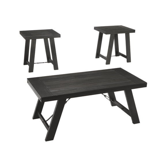 Benzara Plank Style Acacia Wood Table Set with Canted Legs, Set of Three, Black