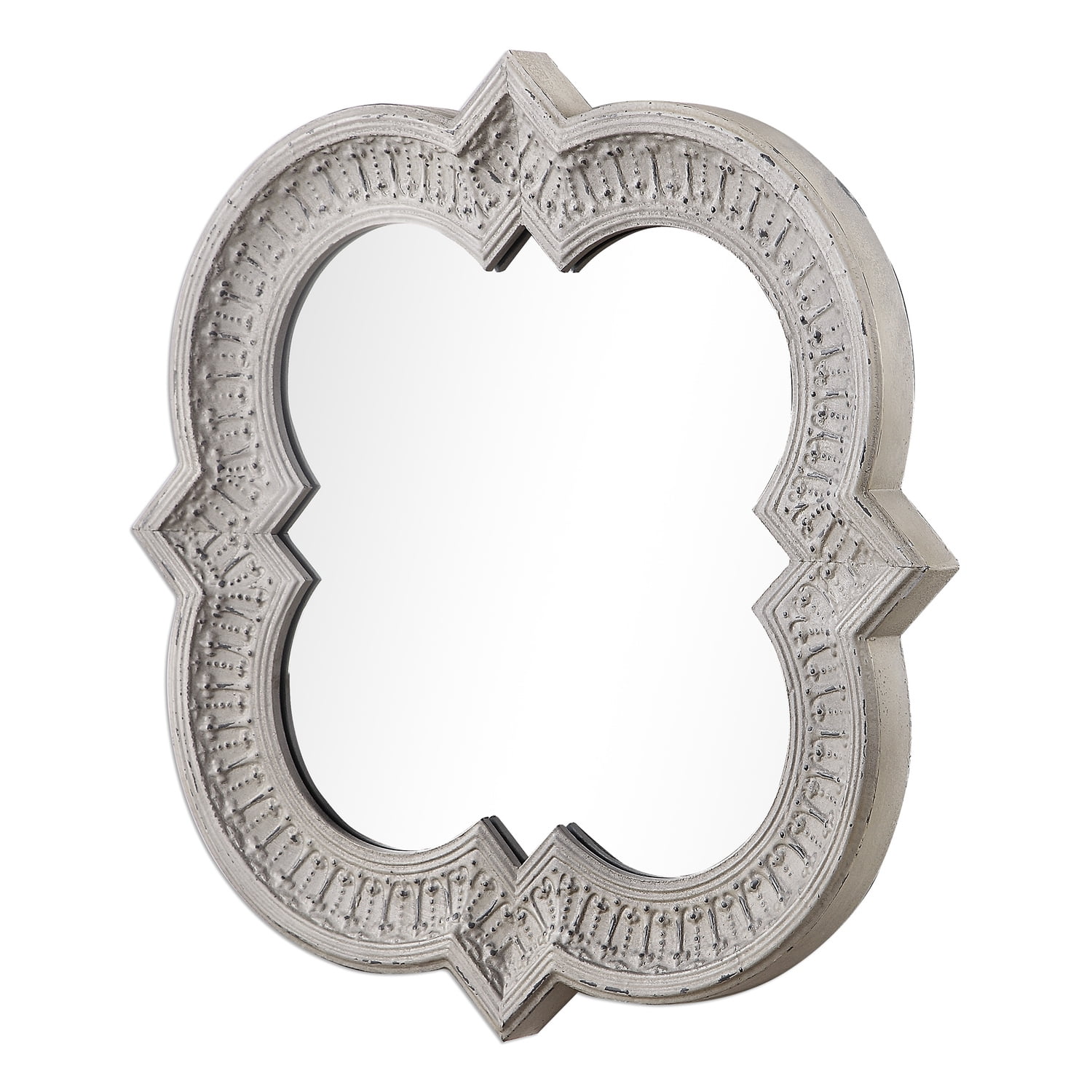 Benzara Quatrefoil Shaped Metal Frame Wall Mirror, Distressed White and Silver