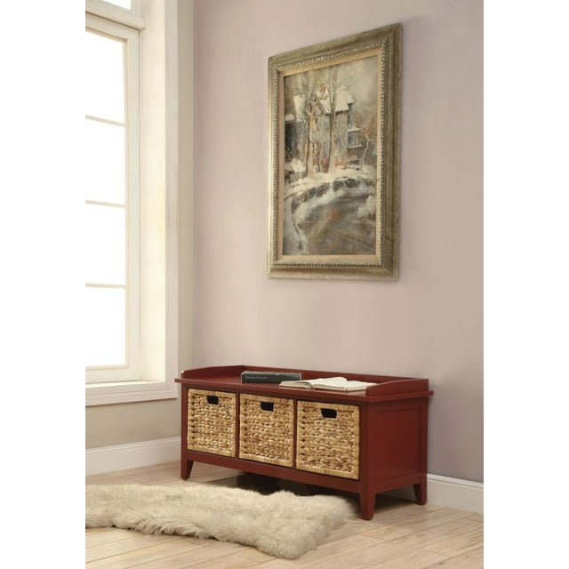 Benzara Rectangular Wooden Bench with Storage Basket, White-Color:Red