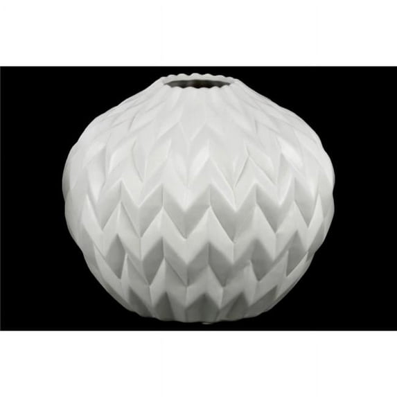 Benzara Round Ceramic Low Vase With Round Lip And Embossed Wave Design, White