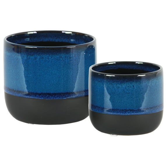 Benzara Round Stoneware Pot With Tapered Bottom, Set Of 2, Blue And Black