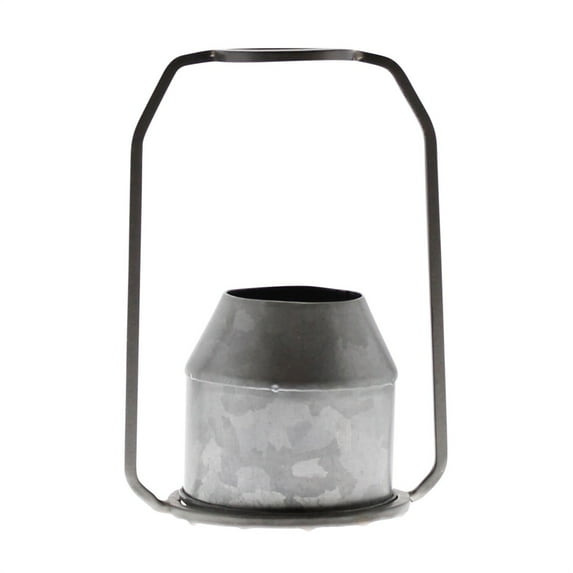 Benzara Round Top Metal Frame Vase with Handle, Galvanized Gray