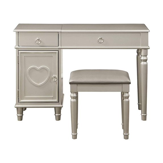 Benzara Seraph Vanity Set Featuring Stool And Mirror Silver
