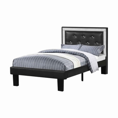Benjara Silky And Sheeny Wooden Full Bed With Ash Black PU Tufted Head Board, Black Finish